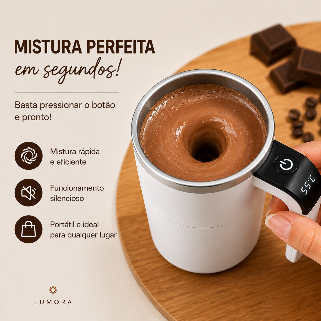 Caneca Mixer Automática Elétrica 380ml | Mistura Café, Chocolate e Whey | Lumora