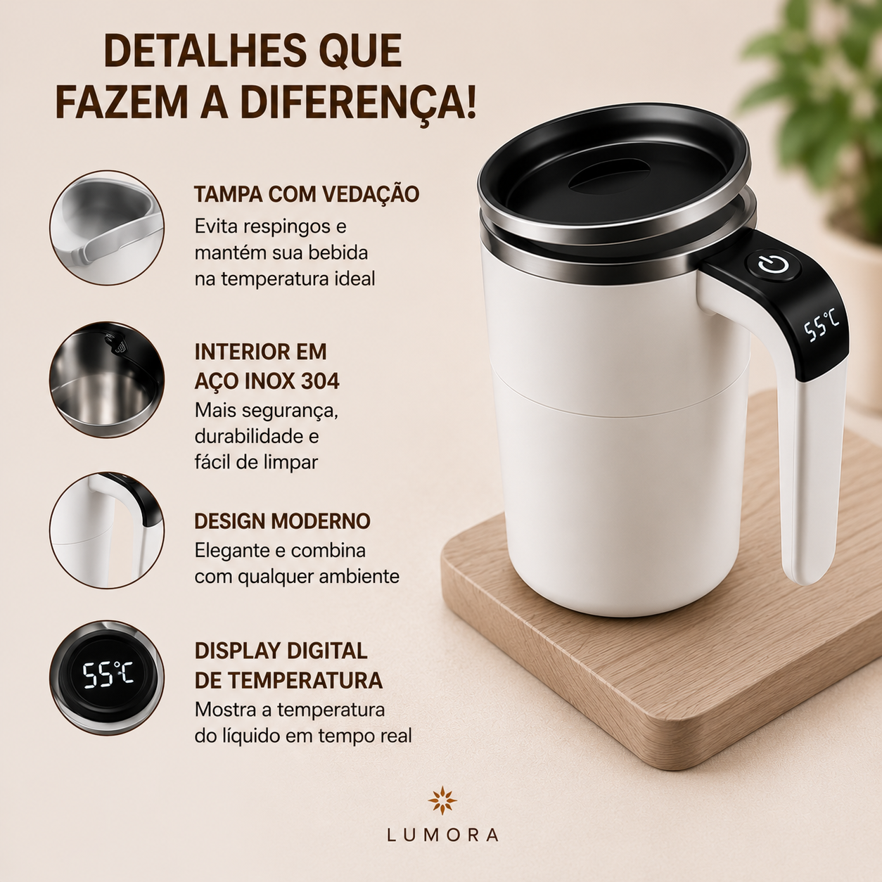 Caneca Mixer Automática Elétrica 380ml | Mistura Café, Chocolate e Whey | Lumora